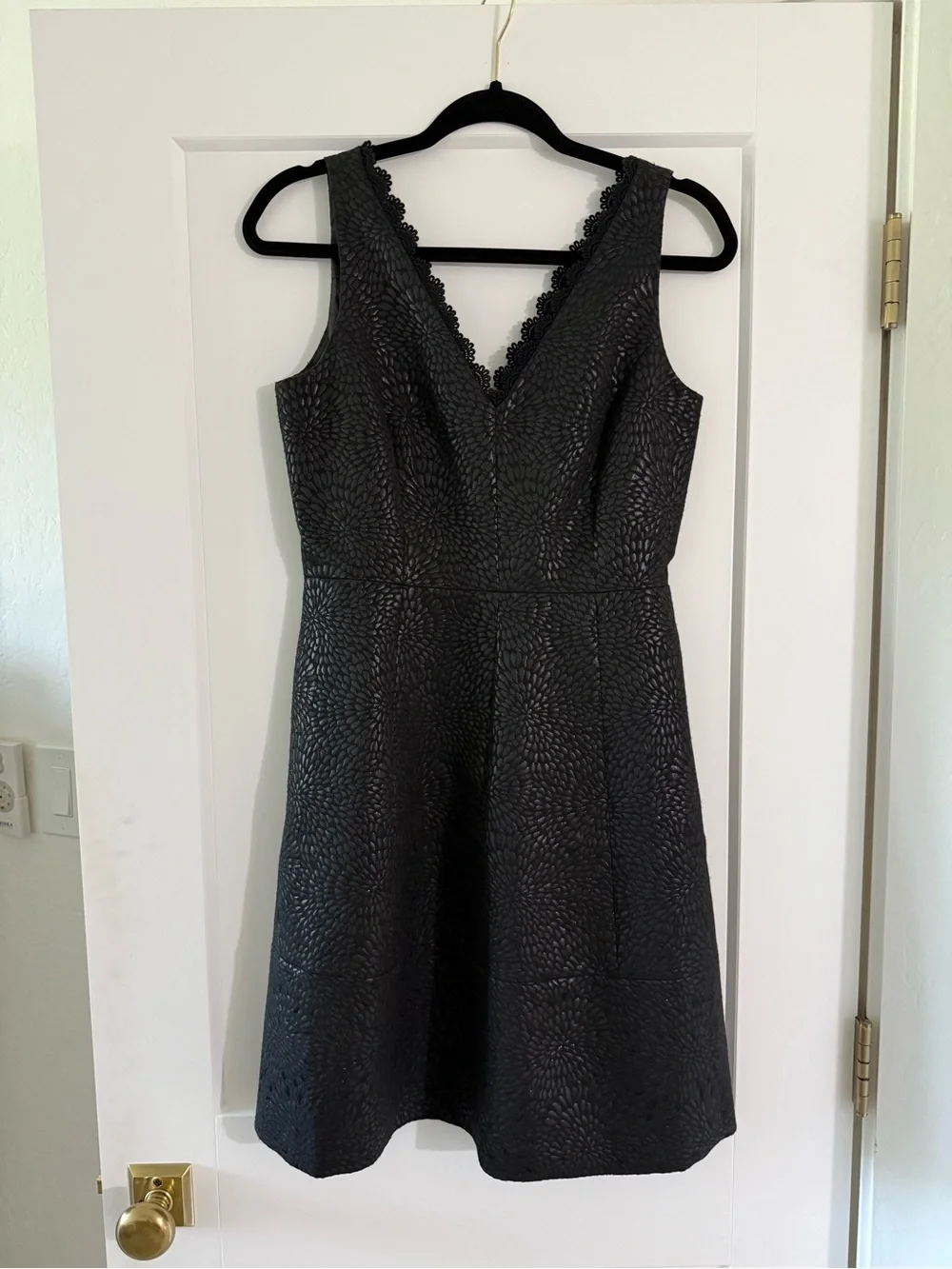 Draper James Black Textured V-Neck Midi Dress with Lace Trim